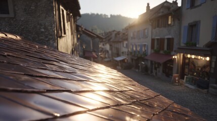 Scenic rooftop view over a charming village at sunset