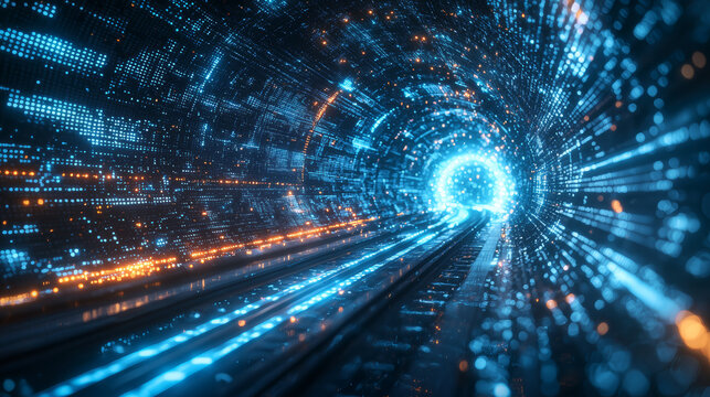 Futuristic Blue Data Tunnel With Glowing Light Trails And Lines Suggesting High Speed Network Flow
