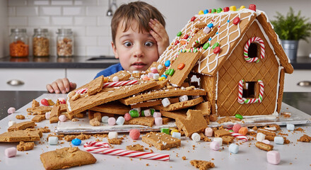surprised child watching collapsed gingerbread house in modern kitchen with sweets and candies