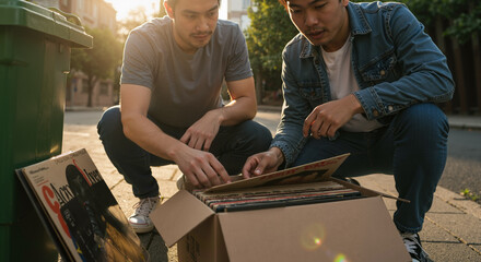 two men examining vinyl records in a street during a sunny afternoon
