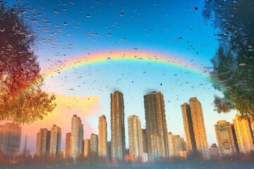 Fototapeta premium Urban reflection of skyline with rainbow on water surface