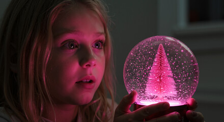 curious child mesmerized by glowing pink snow globe during christmas evening indoors