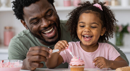 father and daughter decorating cupcakes at home together with joy and creativity