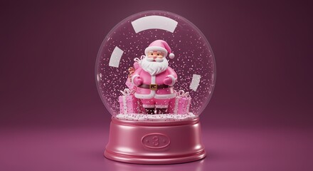 pink santa claus figurine in a snow globe surrounded by gifts on purple background