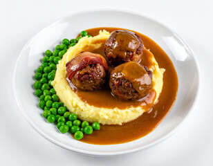 Savory Meatballs in Rich Gravy, Nestled in Creamy Mashed Potatoes with Fresh Green Peas.