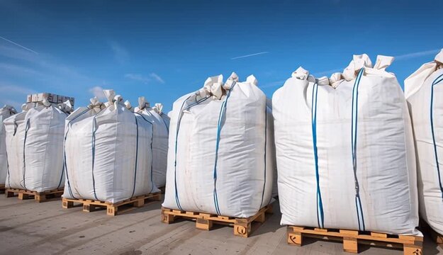 Large white industrial bulk bags filled with construction materials stored on wooden pallets outdoors at a warehouse facility
