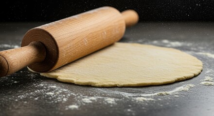rolling pin flattening dough on floured surface for homemade baking in warm kitchen light