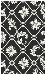 Vintage Floral Harmony: Seamless Trailing Vine Pattern with Delicate Leaves and Flowers in Beige on a Black Canvas