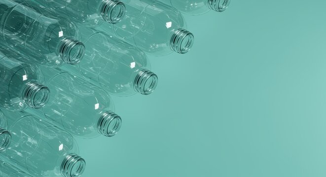 stack of transparent plastic bottles on turquoise background with copy space for text - Powered by Adobe