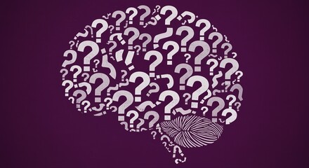 question mark brain illustration on purple background symbolizing mental confusion and curiosity