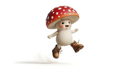 A cute mushroom jumping with joy, wearing tiny boots, adorable forest veggie, white background.