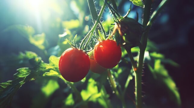 Fresh red tomatoes on a vine bathed in soft natural light