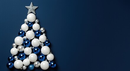 Fototapeta premium minimalist christmas tree decoration made from blue and white ornaments with star top