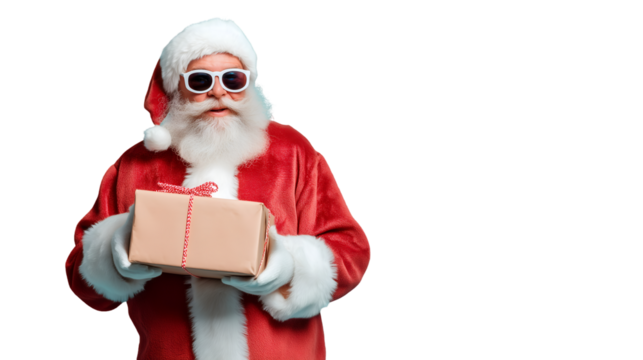 A modern Santa in sunglasses holds a wrapped gift, blending traditional warmth with contemporary style on a transparent background.