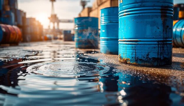 Blue barrels leak black liquid onto concrete floor. Industrial area with stacked drums, sunlight shines on spill. Chemical hazard, waste material, oil substance.
