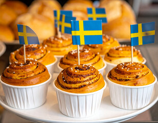 Swedish Cinnamon Buns with Flags - Festive Pastries on Display, Close-Up.