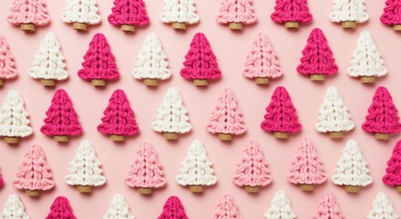 Fototapeta premium pink and white knitted christmas trees pattern on pastel background for festive decor