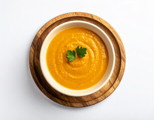 Vibrant Orange Creamy Vegetable Soup with Fresh Green Garnish on Rustic Wooden Board, Top View.