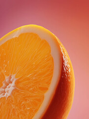 An extreme macro shot of a juicy orange half, showing detailed pulp and pith against a soft pink and orange gradient background