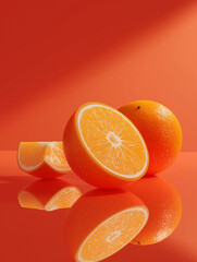 A whole orange, a half, and a wedge arranged on a reflective surface against a reddish-orange background with a diagonal shadow