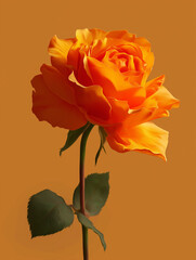 A realistic digital illustration of a single, beautiful orange rose with a stem and leaves against a muted orange background