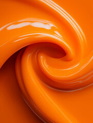 A macro top-down view of a thick, glossy orange cream or paint swirled into a smooth, shiny vortex