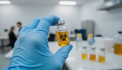 Lab technician in blue gloves holding a biohazard vial with yellow liquid in a laboratory workspace featuring blurred background elements, safety concept of medical research or pharmaceuticals