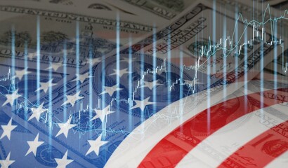 United States flag and graph, American economy