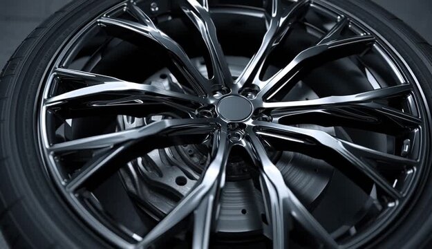 Close up showing intricate design of modern alloy car wheel rim with metallic spokes radiating from center hub, highlighting detailed structure and engineering precision

