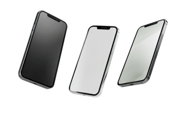 Three smartphones in different colors, angled, floating
