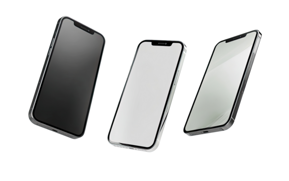 Three smartphones in different colors, angled, floating