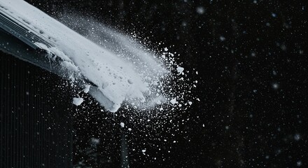 White snow and ice fragments dynamically fall and scatter from a dark, angled roof against a black background, depicting a cold winter environment with motion and impact.