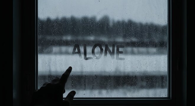 A human hand points to the word ALONE written on a condensation-covered windowpane, looking out onto a bleak, rainy, and blurry urban landscape under dark, overcast skies. - Powered by Adobe