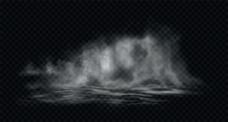 Smoke cloud, fog on water. Realistic steam over the river. Vector illustration isolated on transparent backdrop