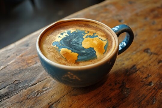 Coffee latte art featuring world map in a blue mug