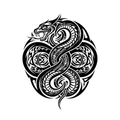 Intricate tribal serpent design with Celtic knot accents, perfect for tattoo art or powerful logo emblem, evoking strength and mystery