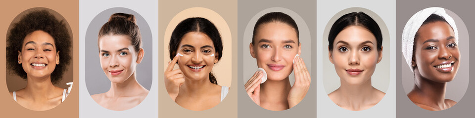 This collage showcases six individuals demonstrating various skincare routines. Each person has a...