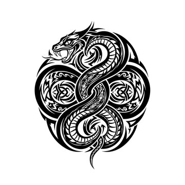 Intricate tribal serpent design with Celtic knot accents, perfect for tattoo art or powerful logo emblem, evoking strength and mystery