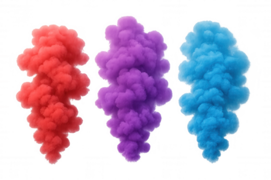 Three pillars of colorful smoke forming vibrant clouds, red, purple, and blue rising effects, transparent background