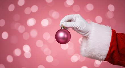 santa claus holding a pink christmas ornament against a festive bokeh background