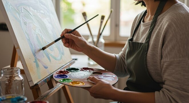 creative woman painting at easel indoors with various colors, expressing artistic passion - Powered by Adobe