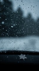 A detailed view from inside a vehicle captures a unique snowflake resting on the dark dashboard, with a wet window and blurred winter scenery beyond.