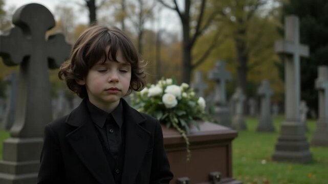 Young boy standing in a cemetery. Coffin with white flowers in the background. Grief and loss during a funeral