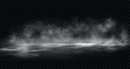 Smoke and steam on water. Vector background. Realistic fog and waves with flare isolated on transparent backdrop