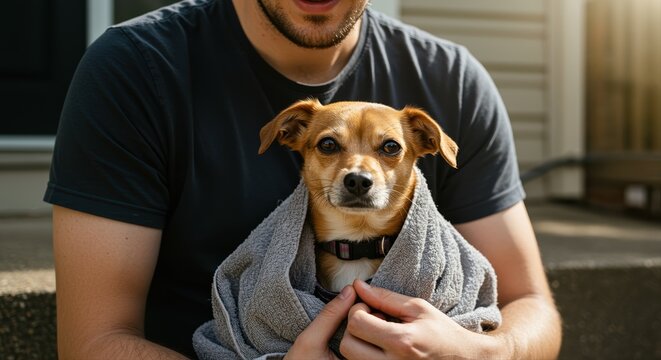 young man holding small dog wrapped in towel outdoors on sunny day