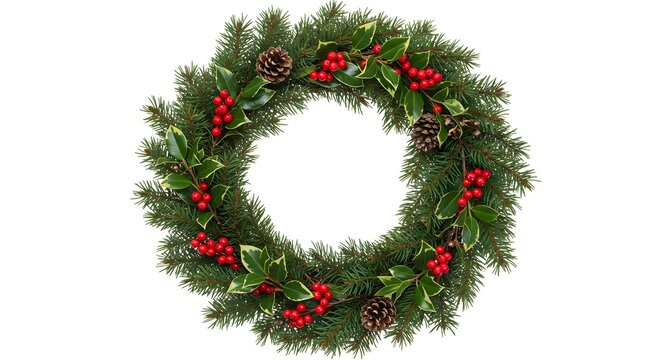 Festive Christmas Wreath with Greenery, Red Holly Berries, and Pinecones on White Background