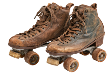 Pair of vintage brown leather roller skates.  Well-worn leather, laced-up boots, featuring visible wheel assembly.  Visible wear and tear, showing age