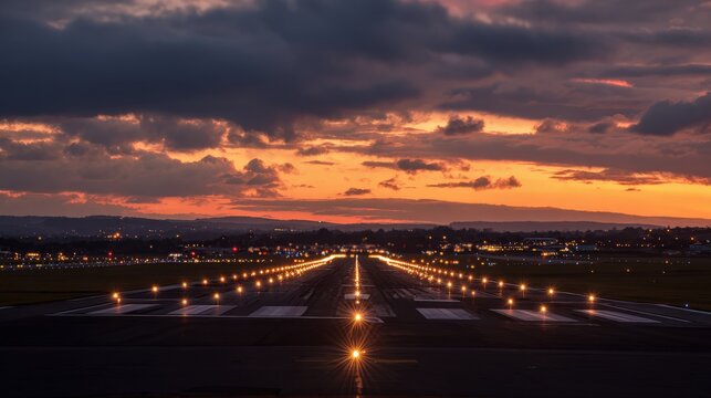 Illuminated airport runway at sunset featuring dramatic sky colors