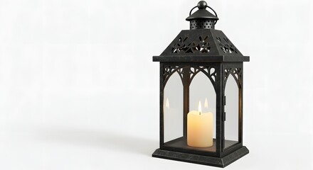 Elegant Black Metal Lantern with Lit Pillar Candle, Isolated on White Background