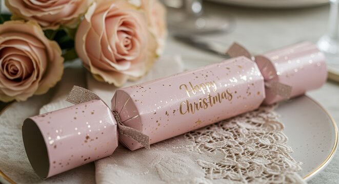 pink christmas cracker with festive design on elegant table setting with roses